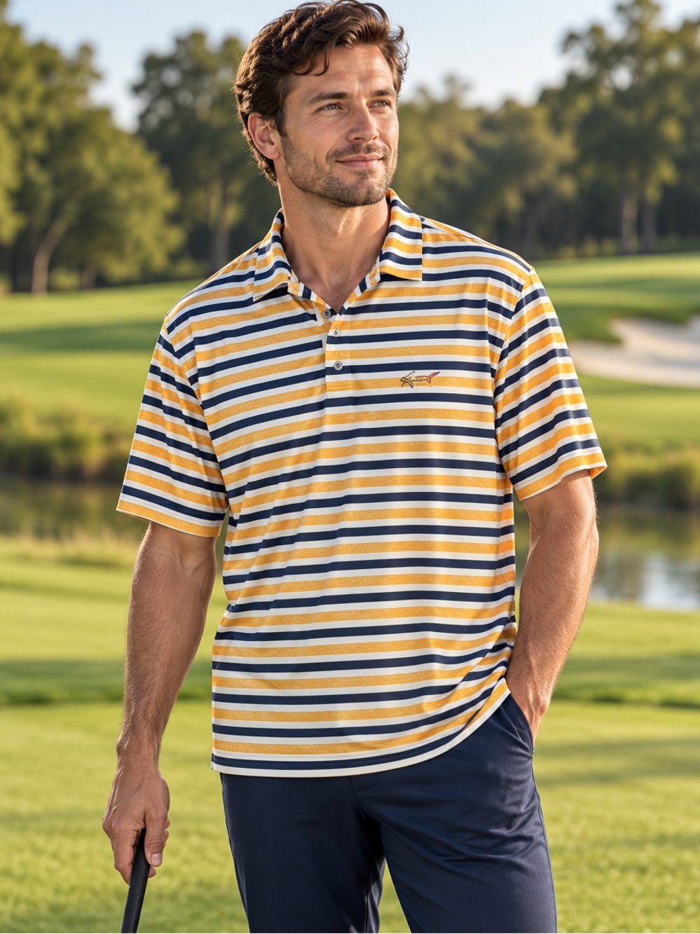 Greg Norman Play Dry Polo Shirt Men’s Size XL Yellow Navy White Striped Golf